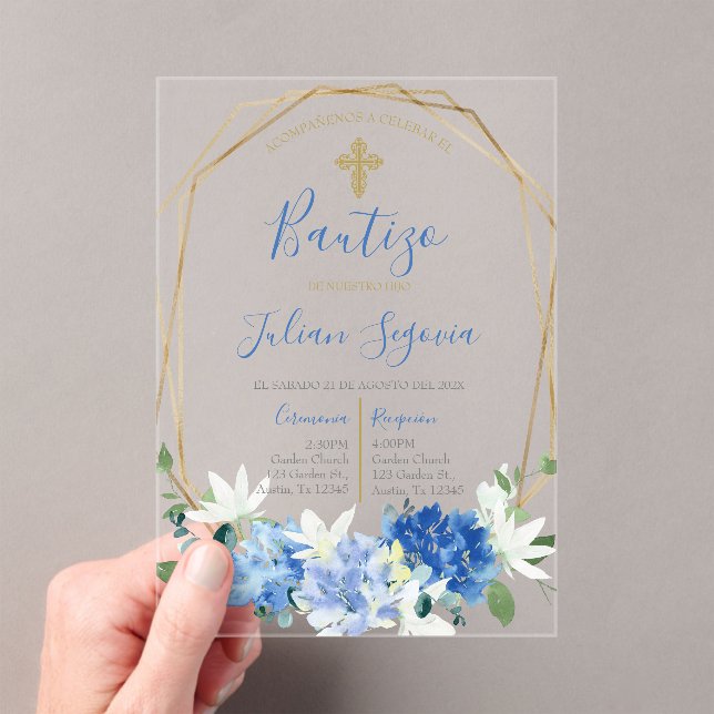 Invitación de bautismo floral azul en español (Insitu (portátil))