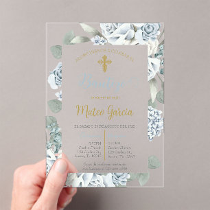 Invitación de bautismo floral azul en español