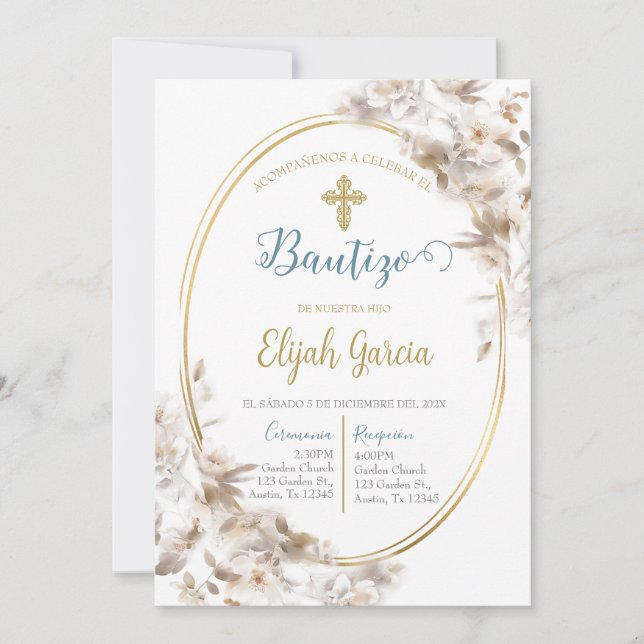 Invitación de bautismo floral blanca en español (Anverso)