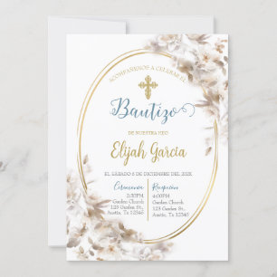 Invitación de bautismo floral blanca en español