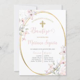Invitación de bautismo floral rosa en español