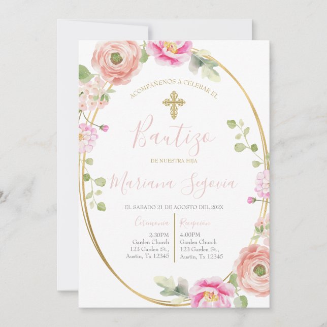 Invitación de bautismo floral rosa en español (Anverso)