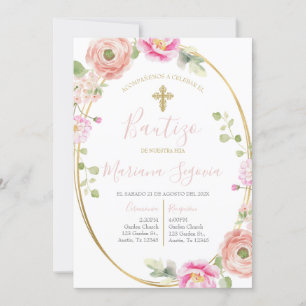 Invitación de bautismo floral rosa en español