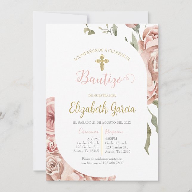 Invitación de bautismo floral rosa en español (Anverso)