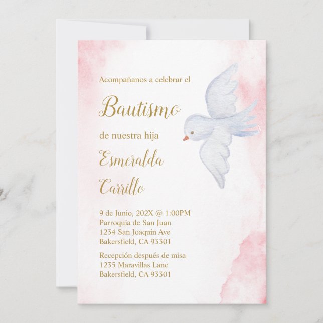 Invitación de bautismo para niña con paloma blanca (Anverso)
