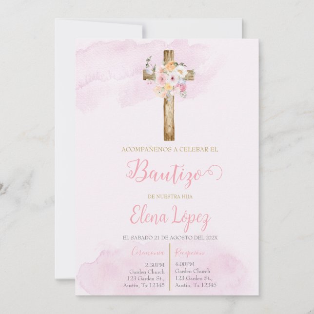 Invitación de bautismo rosa (Anverso)