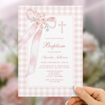 Invitación de Bautizo a Cuadros Rosa Floral con La