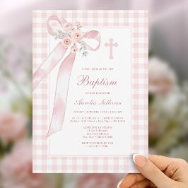 Invitación de Bautizo a Cuadros Rosa Floral con La