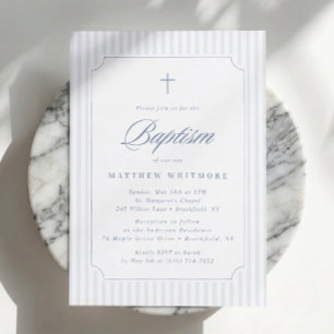 Invitación de Bautizo a Rayas Azul Gris Suave