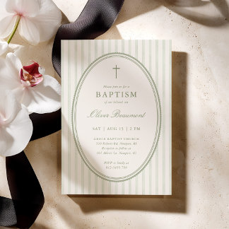 Invitación de Bautizo a Rayas Verde Salvia