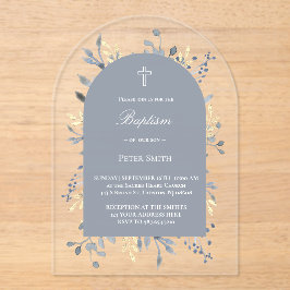 invitación de bautizo acrílica de follaje azul