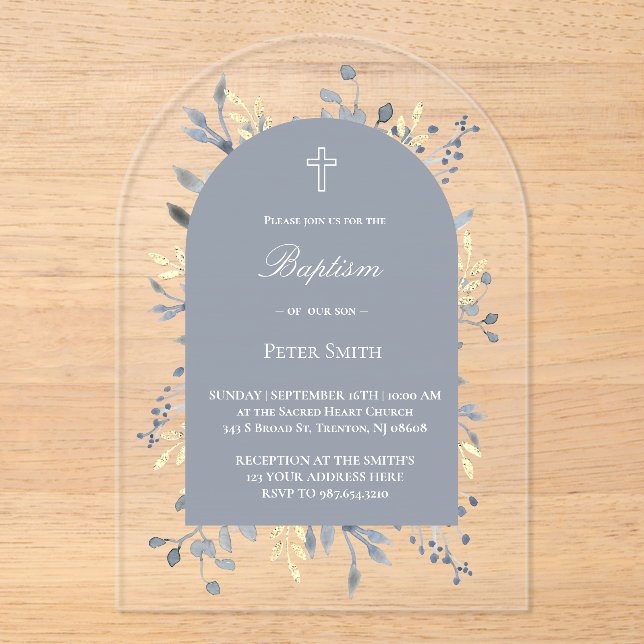 invitación de bautizo acrílica de follaje azul (Anverso)