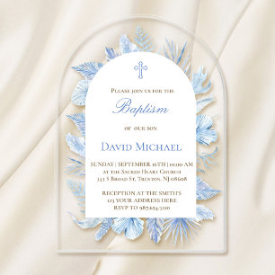 invitación de bautizo acrílica de follaje azul pas