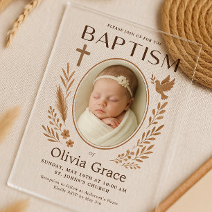 Invitación de bautizo acrílico boho con foto y pal