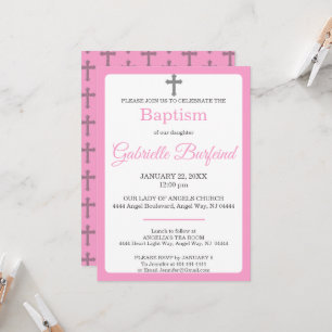 Invitación de Bautizo Aquarela Cruz Rosa y Gris