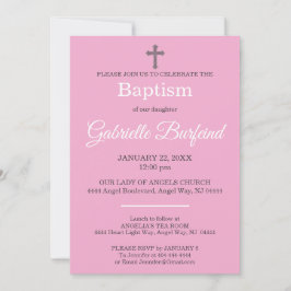 Invitación de Bautizo Aquarela Cruz Rosa y Gris
