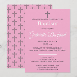 Invitación de Bautizo Aquarela Cruz Rosa y Gris