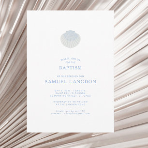 Invitación de bautizo azul blanco concha costera