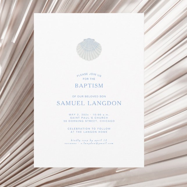 Invitación de bautizo azul blanco concha costera (Subido por el creador)