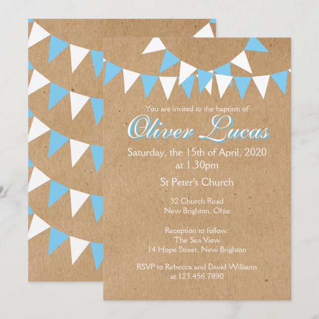 Invitación de Bautizo Azul de Baby Bunting (Anverso / Reverso)