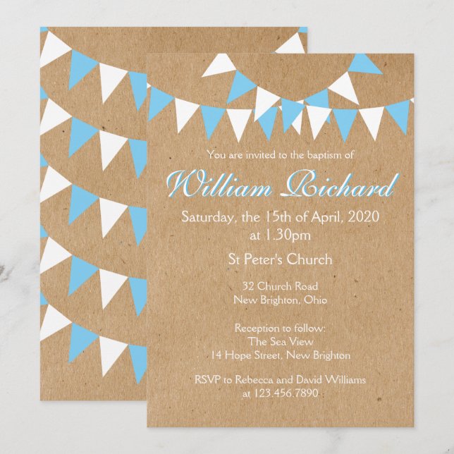 Invitación de Bautizo Azul de Baby Bunting (Anverso / Reverso)