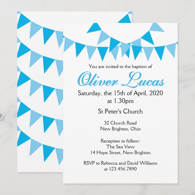 Invitación de Bautizo Azul de Baby Bunting (Anverso / Reverso)