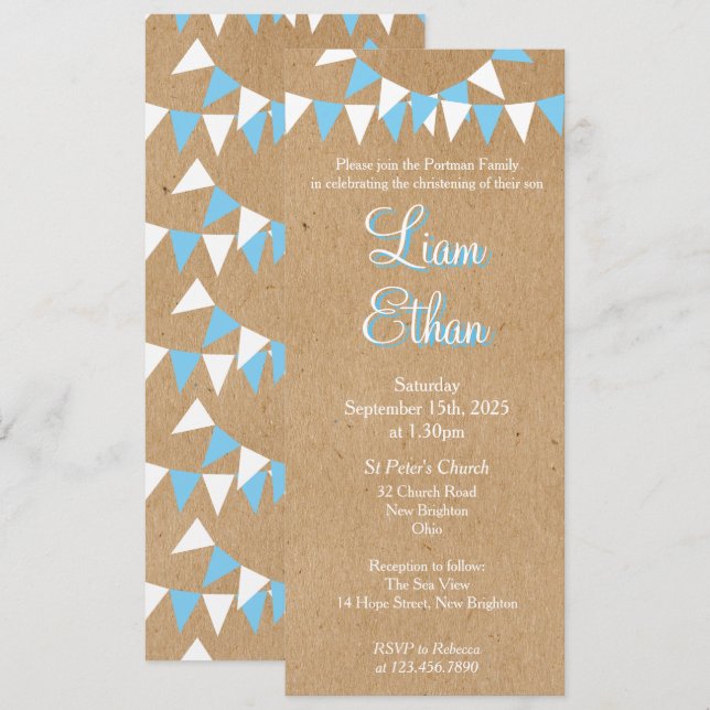 Invitación de Bautizo Azul de Baby Bunting (Anverso / Reverso)