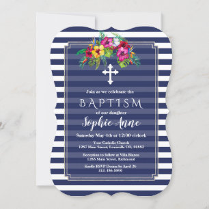 Invitación de Bautizo Azul Marino Luau Floral Trop