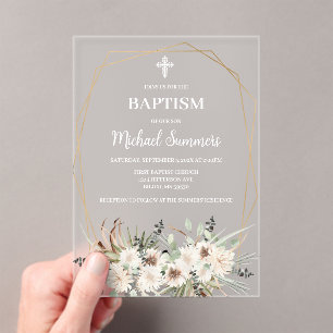 Invitación de Bautizo Bohemio Floral Blanco Acríli