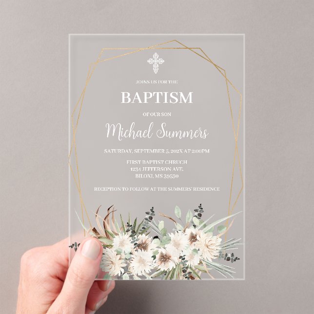 Invitación de Bautizo Bohemio Floral Blanco Acríli (Insitu (portátil))