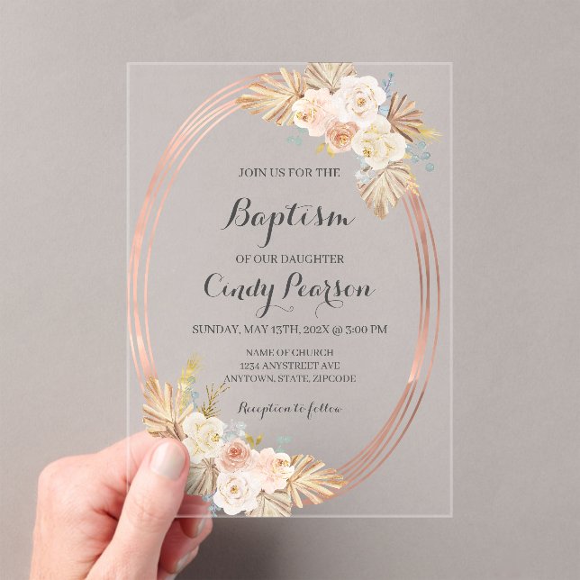 Invitación de bautizo boho acrílico para niña (Insitu (portátil))