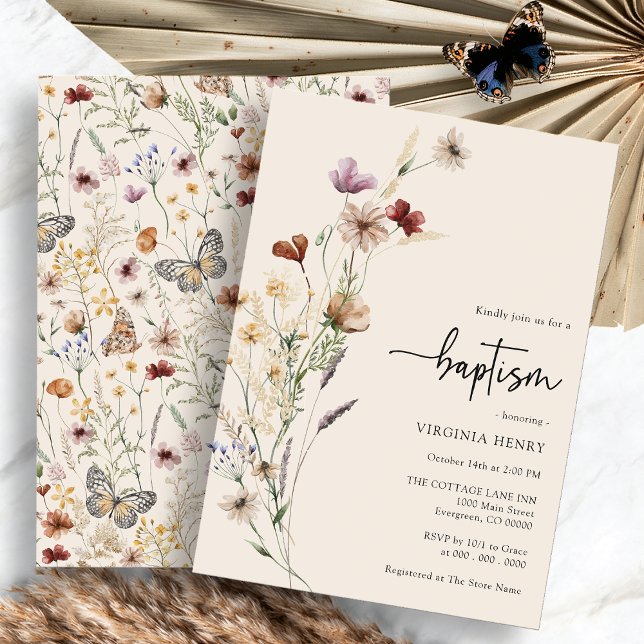 Invitación de Bautizo Boho Baby (Boho Wildflower Baby Baptism Invitation by Painted Paperie
)