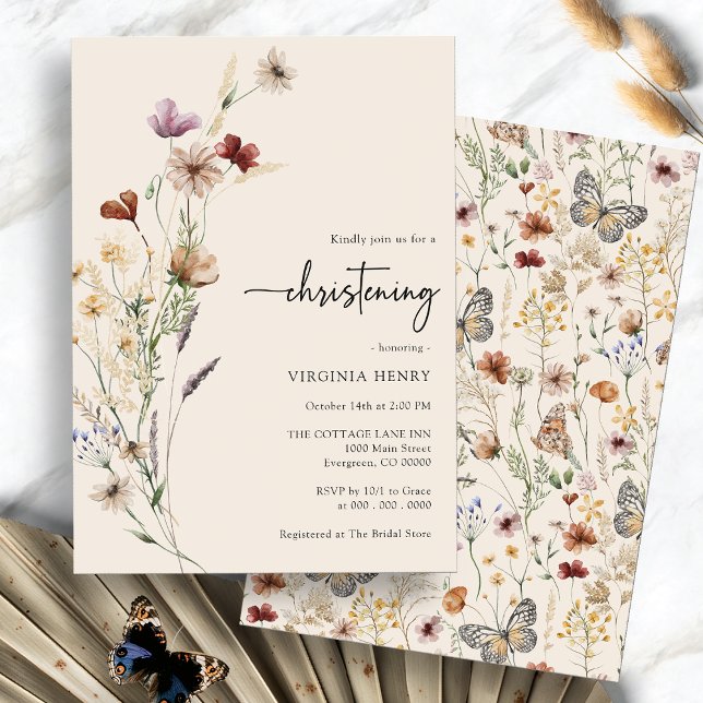 Invitación de Bautizo Boho Baby (Boho Watercolor Floral Baby Christening Invitation by Painted Paperie
)