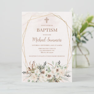 Invitación de Bautizo Boho floral blanca