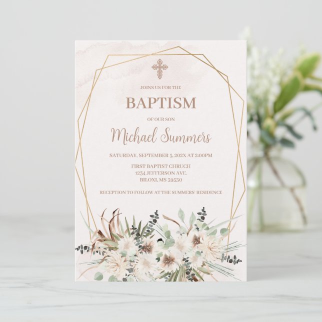 Invitación de Bautizo Boho floral blanca (Anverso de pie)