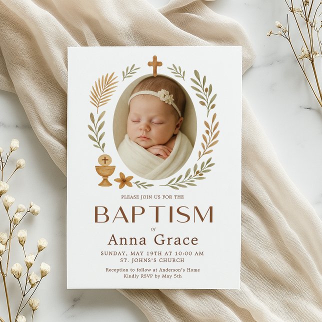 Invitación de Bautizo Boho para Bebé  (Baptism invitation with a peaceful baby and elegant gold cross design)