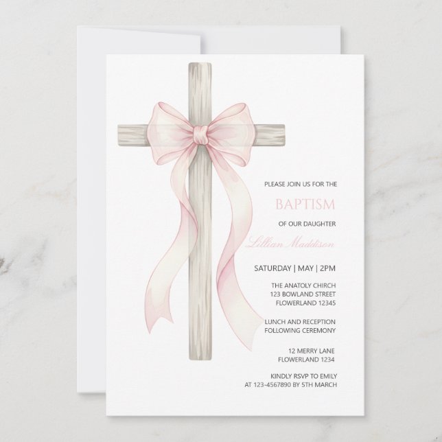 Invitación de bautizo boho para niña con lazo (Anverso)