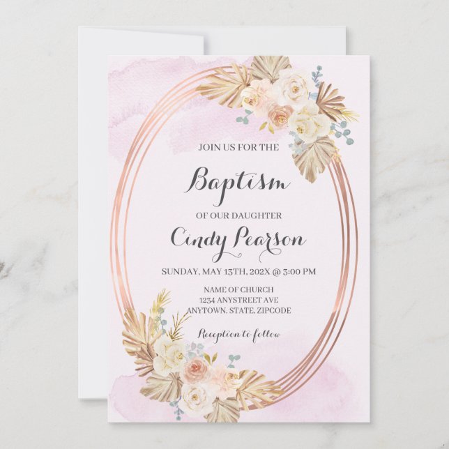 Invitación de bautizo boho rosa para niña (Anverso)
