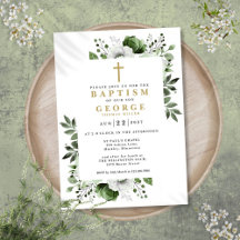 Invitación de Bautizo Botánico Floral Verde Oliva 