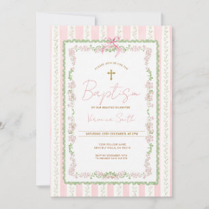 Invitación de Bautizo Botánico Rosa para Niña