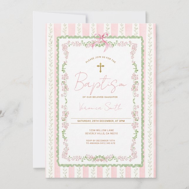 Invitación de Bautizo Botánico Rosa para Niña (Anverso)