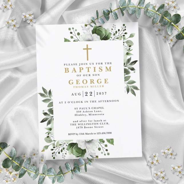 Invitación de Bautizo Botánico Verde Oliva Moderno (Olive Green Botanical Modern Baptism Invitation Postcard)