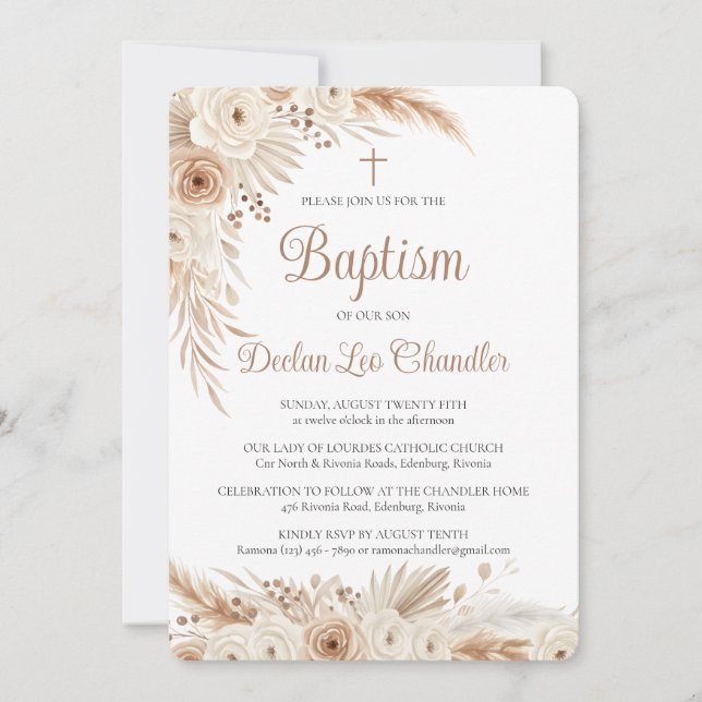 Invitación de Bautizo Católico de Pampas Boho (Anverso)