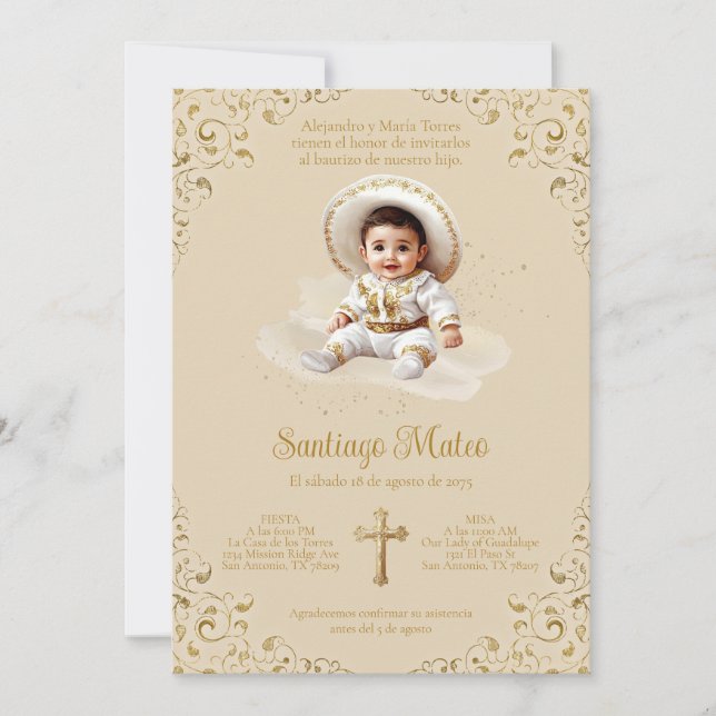 Invitación de Bautizo Charro - Niño - Beige y Dora (Anverso)