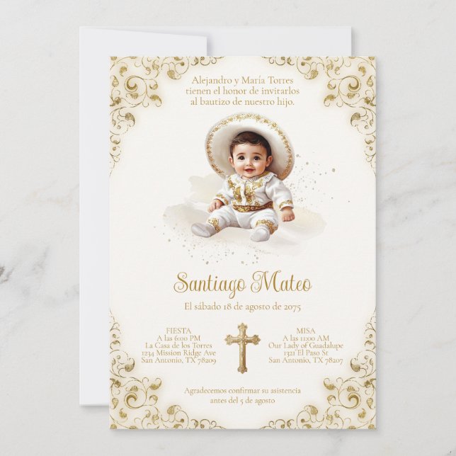 Invitación de Bautizo Charro – Niño – Dorado y Mar (Anverso)