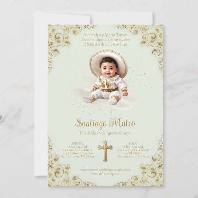 Invitación de Bautizo Charro – Niño – Sage y Oro (Anverso)