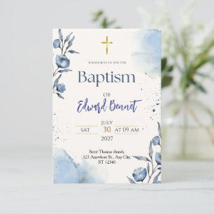 Invitación de Bautizo con Acuarela Azul y Cruz Dor