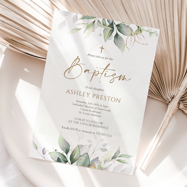 Invitación de bautizo con acuarela de vegetación d (Eucalyptus Greenery Watercolor Baptism Invitation Card)