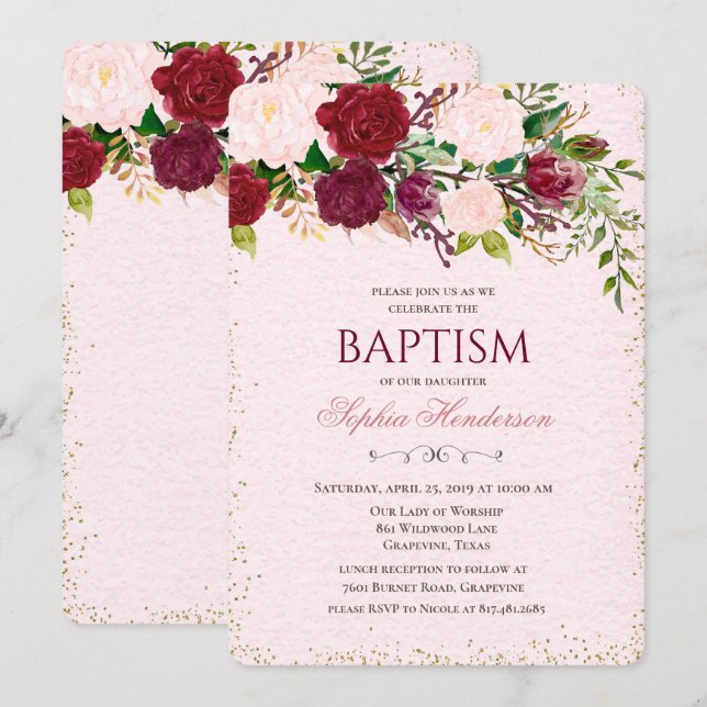 Invitación de Bautizo con Acuarela Floral (Anverso / Reverso)