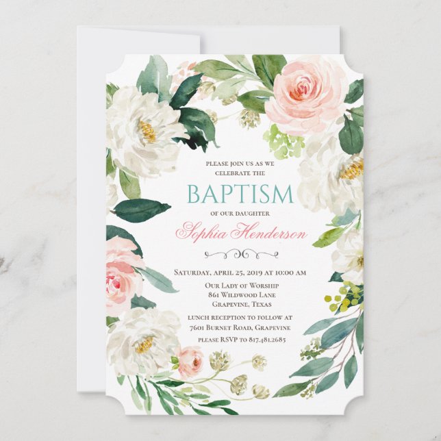 Invitación de Bautizo con Acuarela Floral (Anverso)